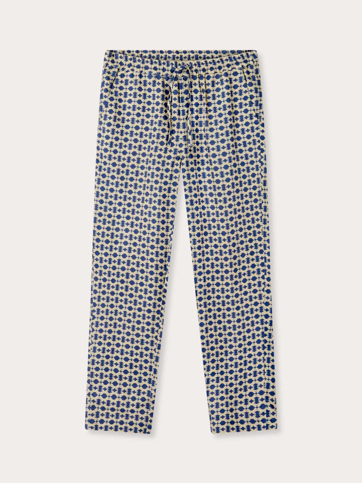 mens linen trousers featuring a sophisticated blue and beige print. resort clothing made from 100% natural linen, designed for a relaxed fit.