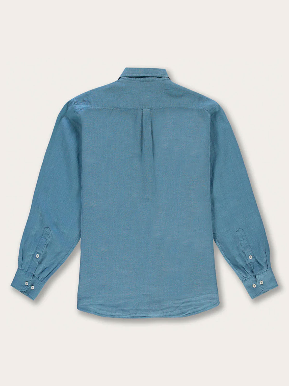French Blue Abaco men's Linen Shirt displayed from the back, showcasing its dusty blue color and long sleeves.