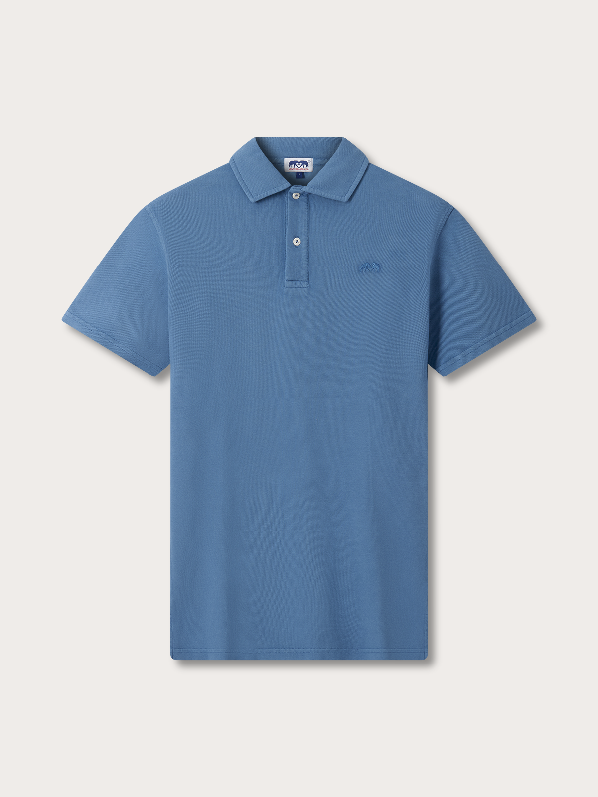 Front view of a men's blue polo shirt