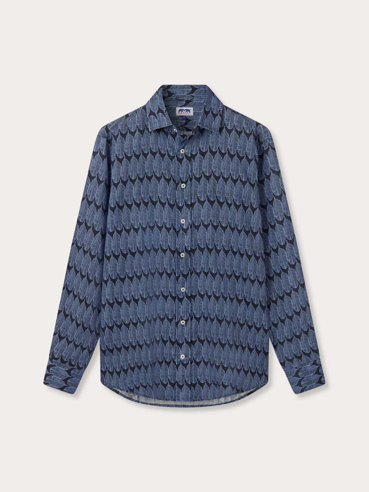 Men's Gone Bananas Abaco Linen Shirt with a blue banana leaf pattern, inspired by Banana plant and elephant conservation efforts in India.