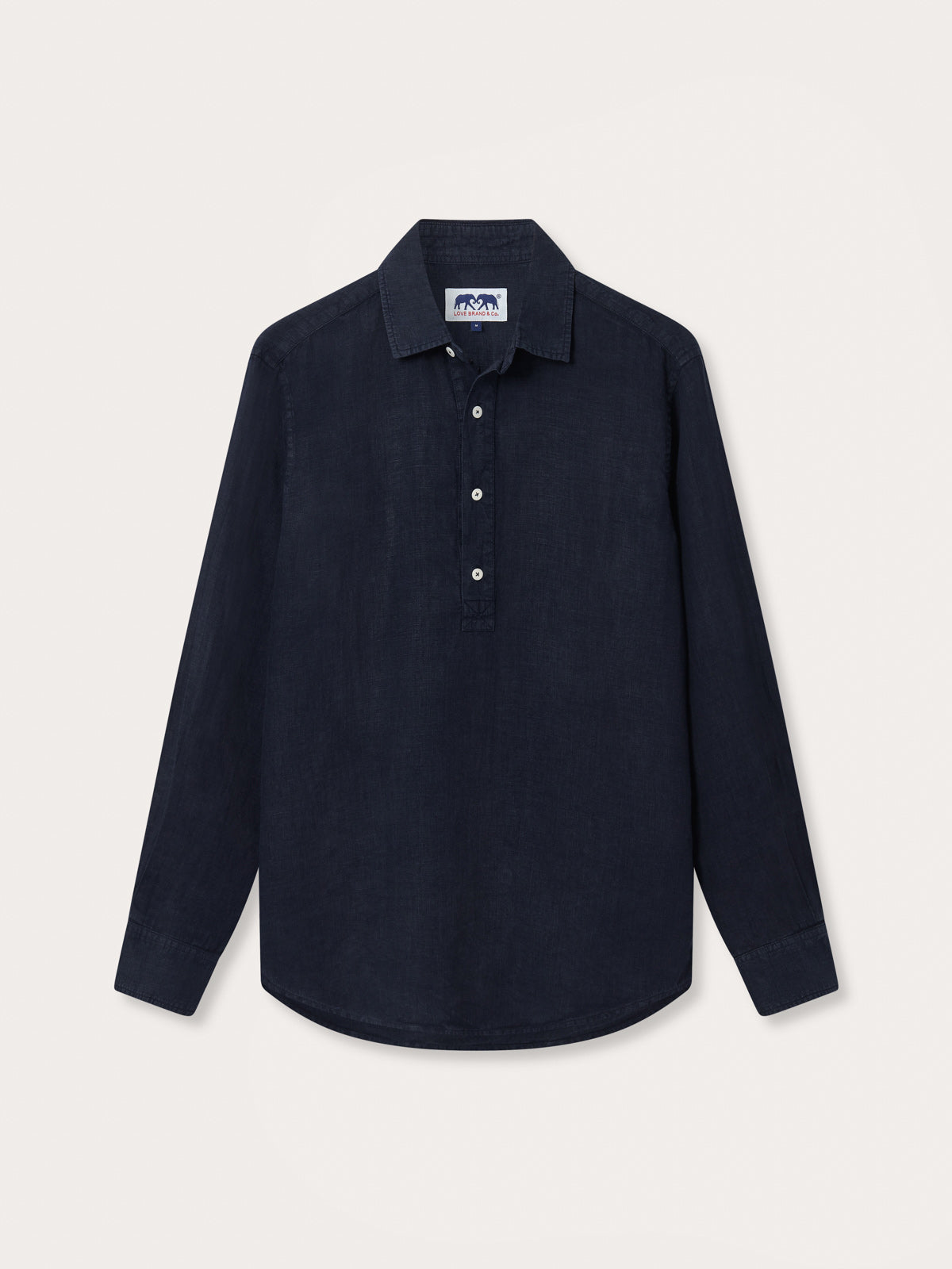 Front view of Men's Navy Blue Hoffman Linen Shirt. Navy blue linen shirt with long sleeves and half-button-up design.