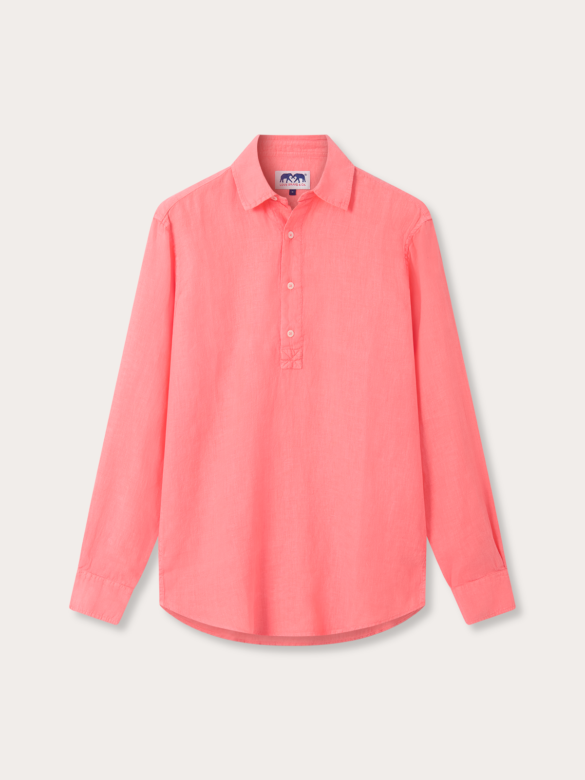Front view of mens pink linen shirt with long sleeves and half button-up design.