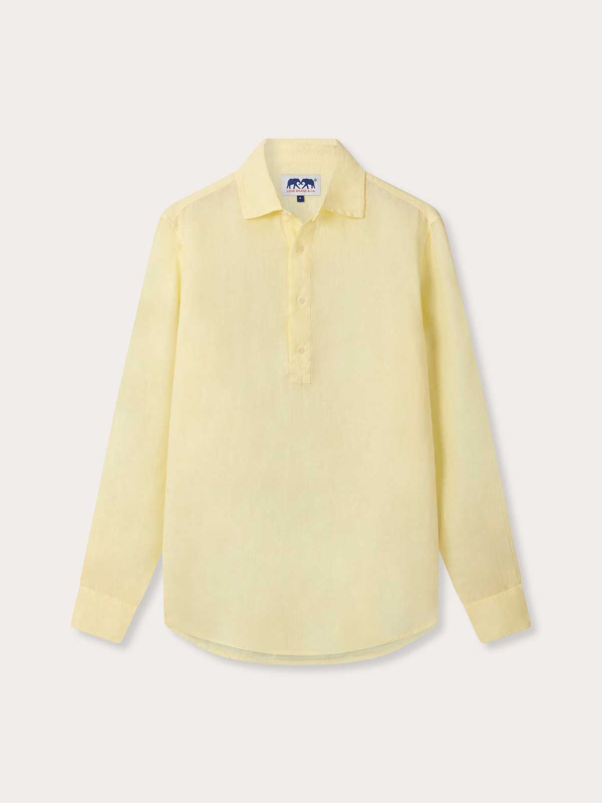 Our Men's Limoncello Hoffman Linen Shirt featuring a half button-up design in a yellow fabric. Old money shirts made from 100% linen.