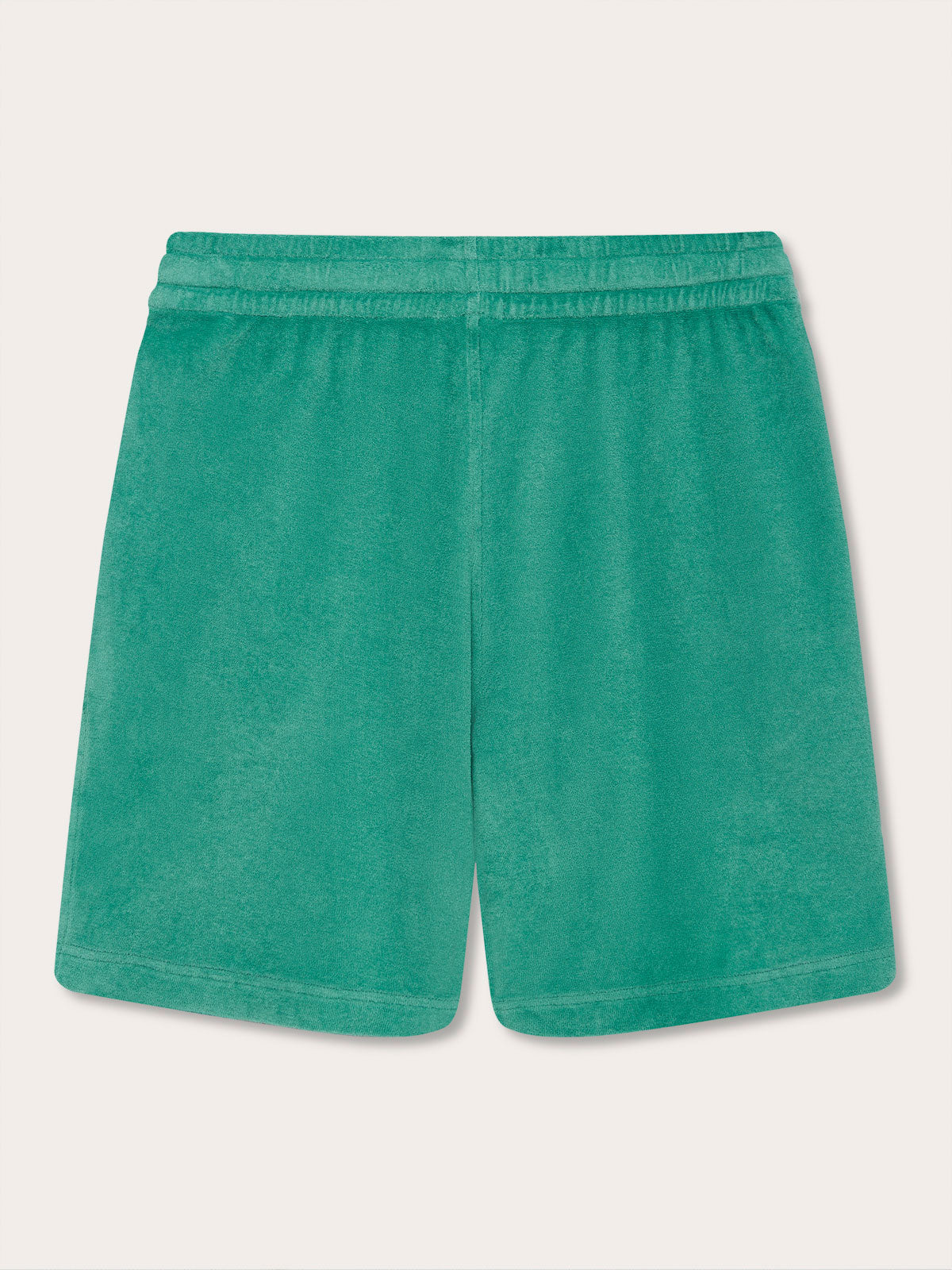 Men's Riviera Green Holmes Terry Shorts made from 100% organic cotton, featuring a regular fit and an elastic waistband with a wide cotton drawstring.
