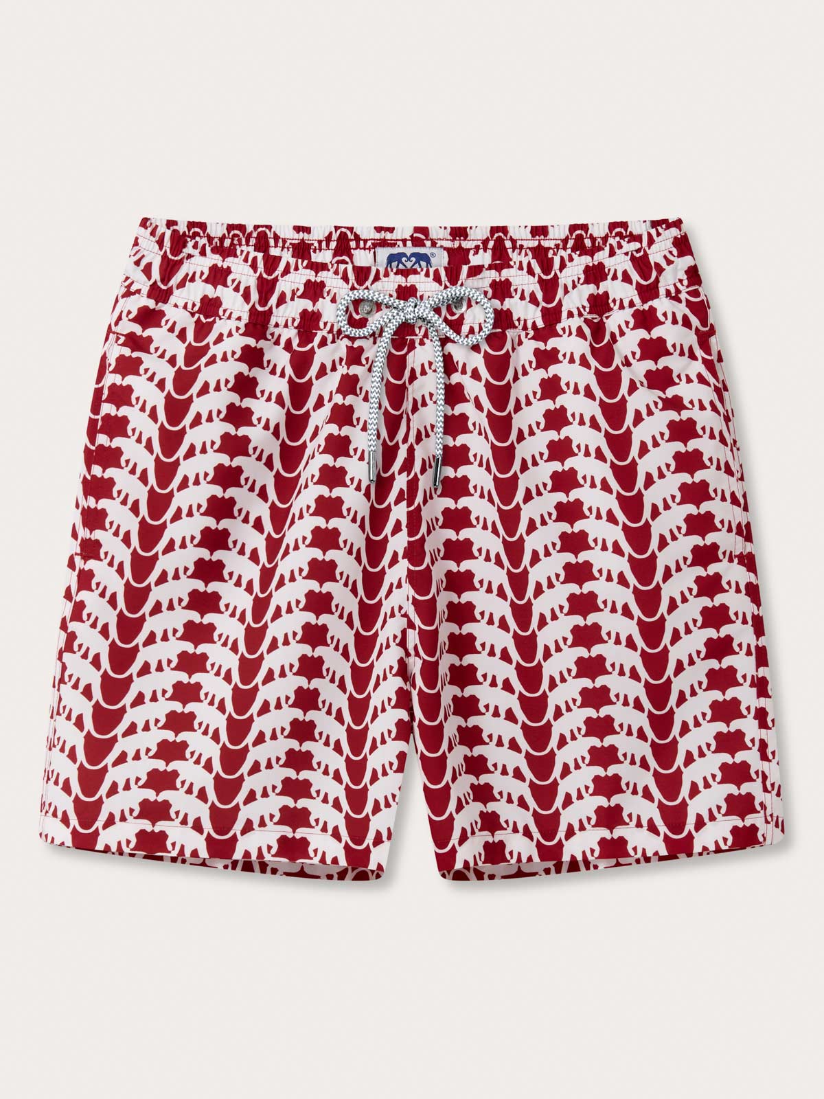 Men's Lurking Leopards Staniel Swim Shorts. Red and white swim shorts inspired by SUJÁN Camps.