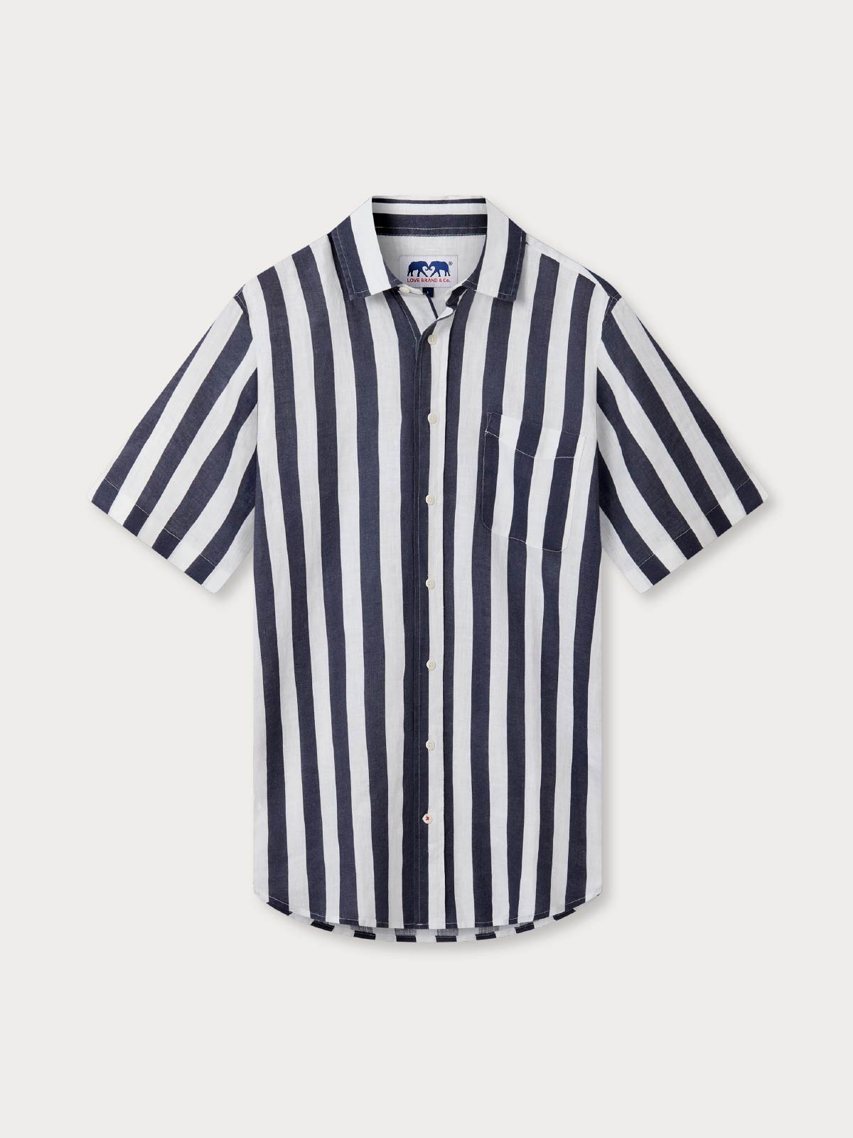 Front view of Men's Navy Candy Stripe Manjack Linen Shirt. Short sleeved shirt with buttons.