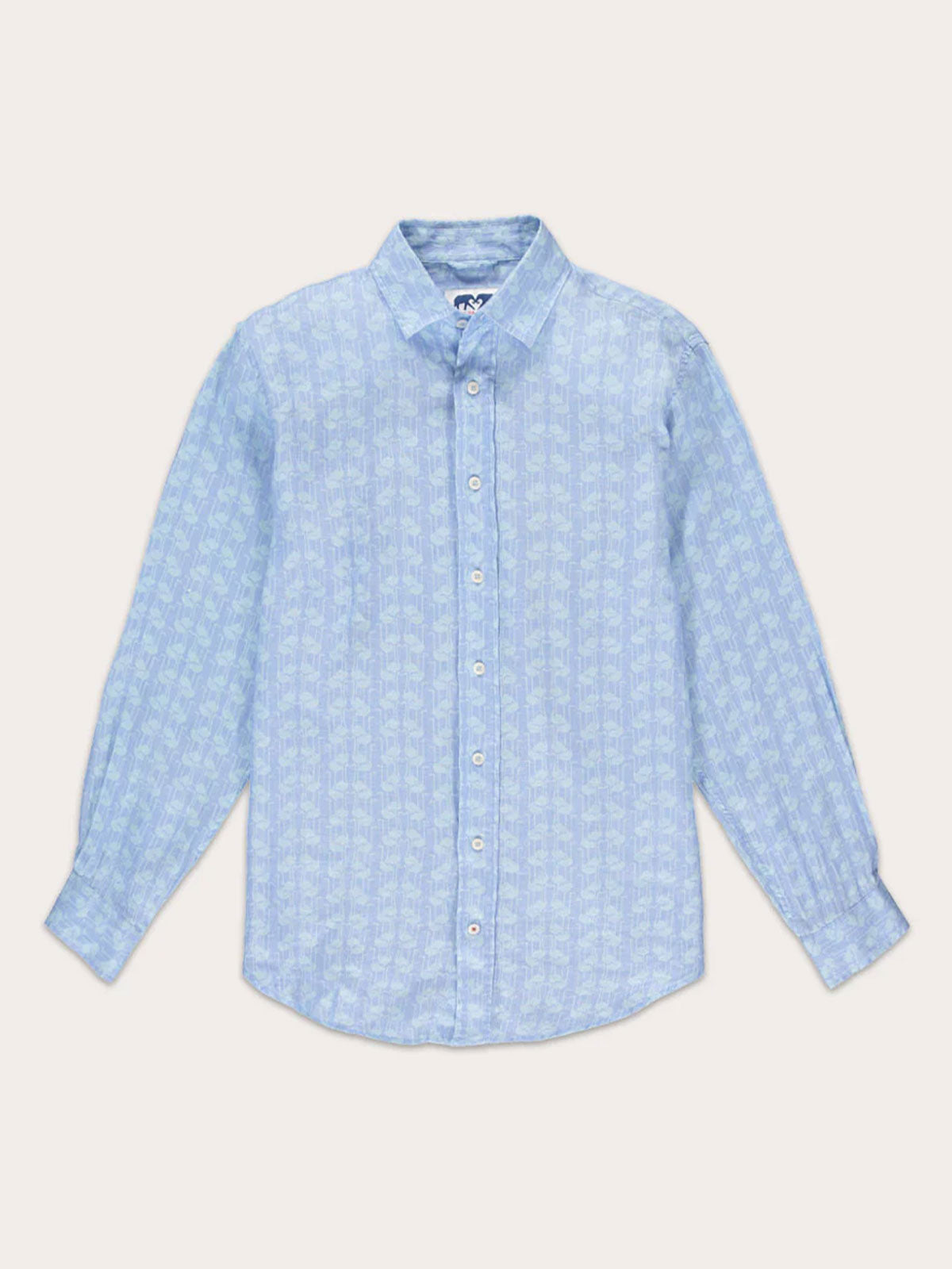 blue linen shirt with flamingo print