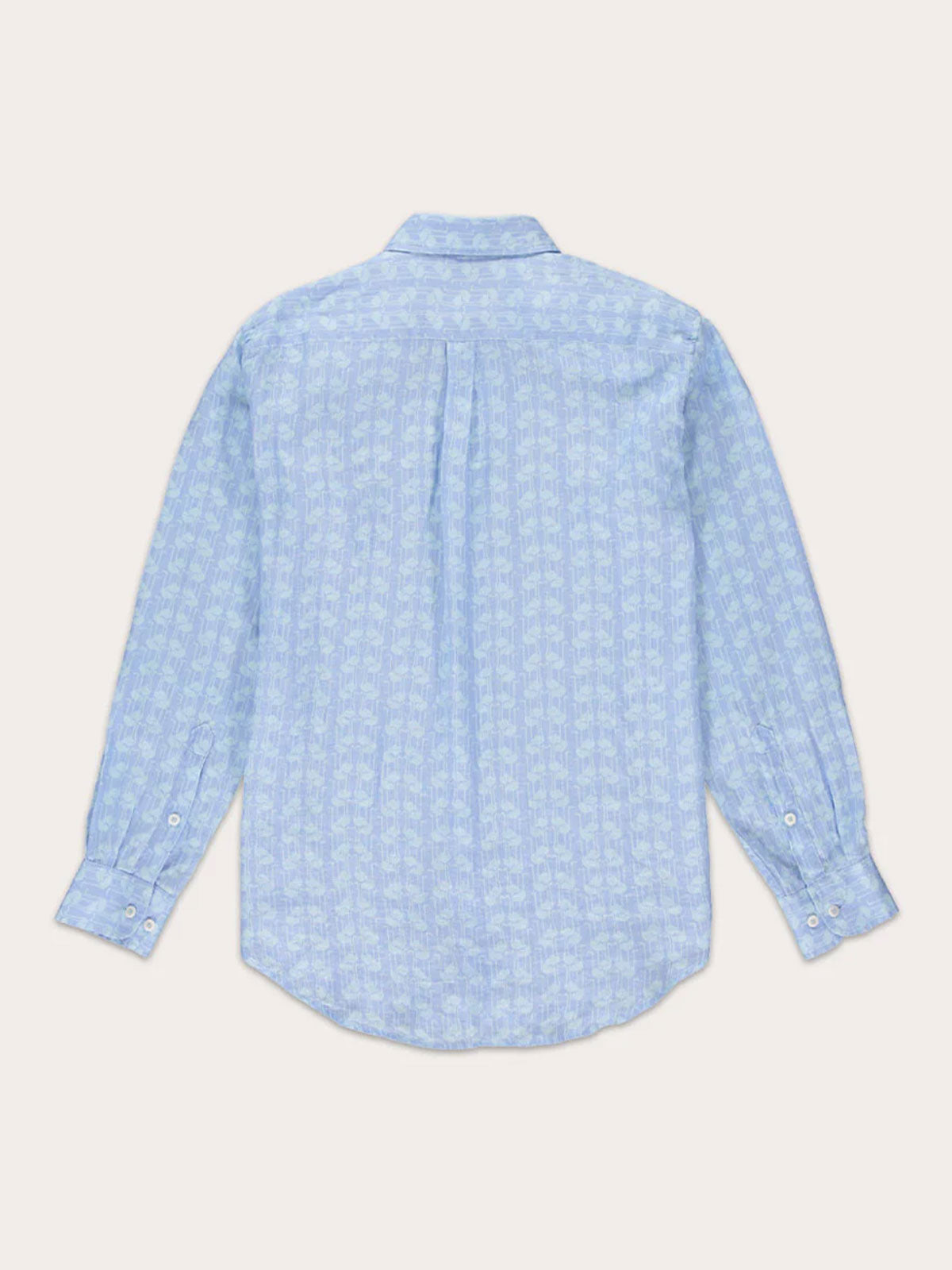 blue linen shirt with flamingo print
