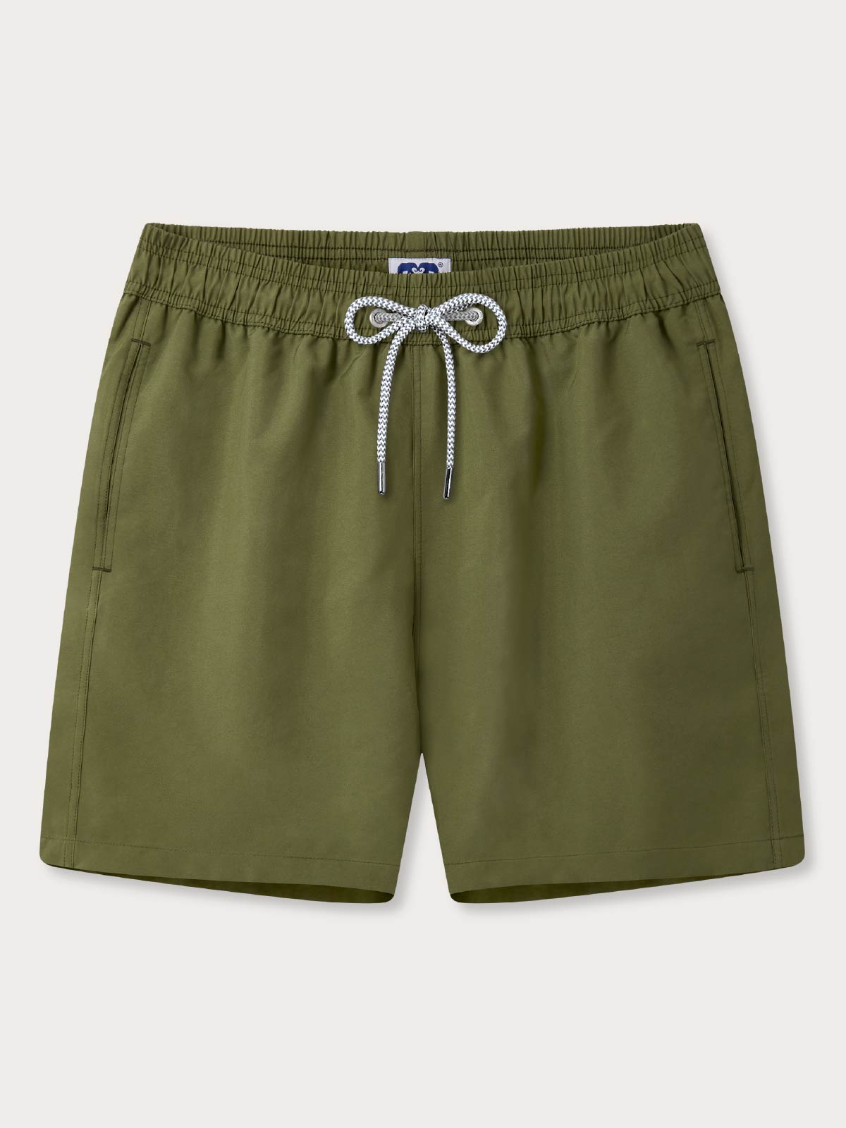 Front view of mens olive green swim shorts with drawstring and pockets.