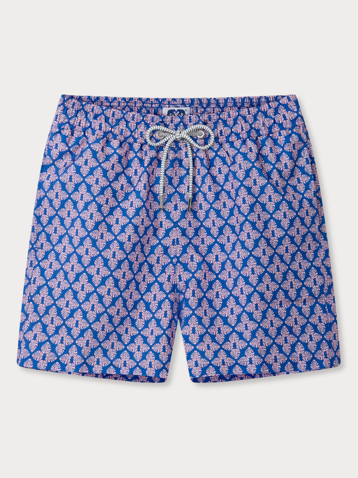 Blue and pink patterned swim shorts on a white background.