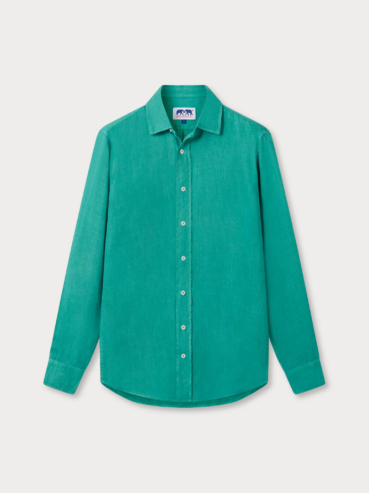 Front view of men's palm green linen shirt by love brand. Plain green button-up shirt with long sleeves.