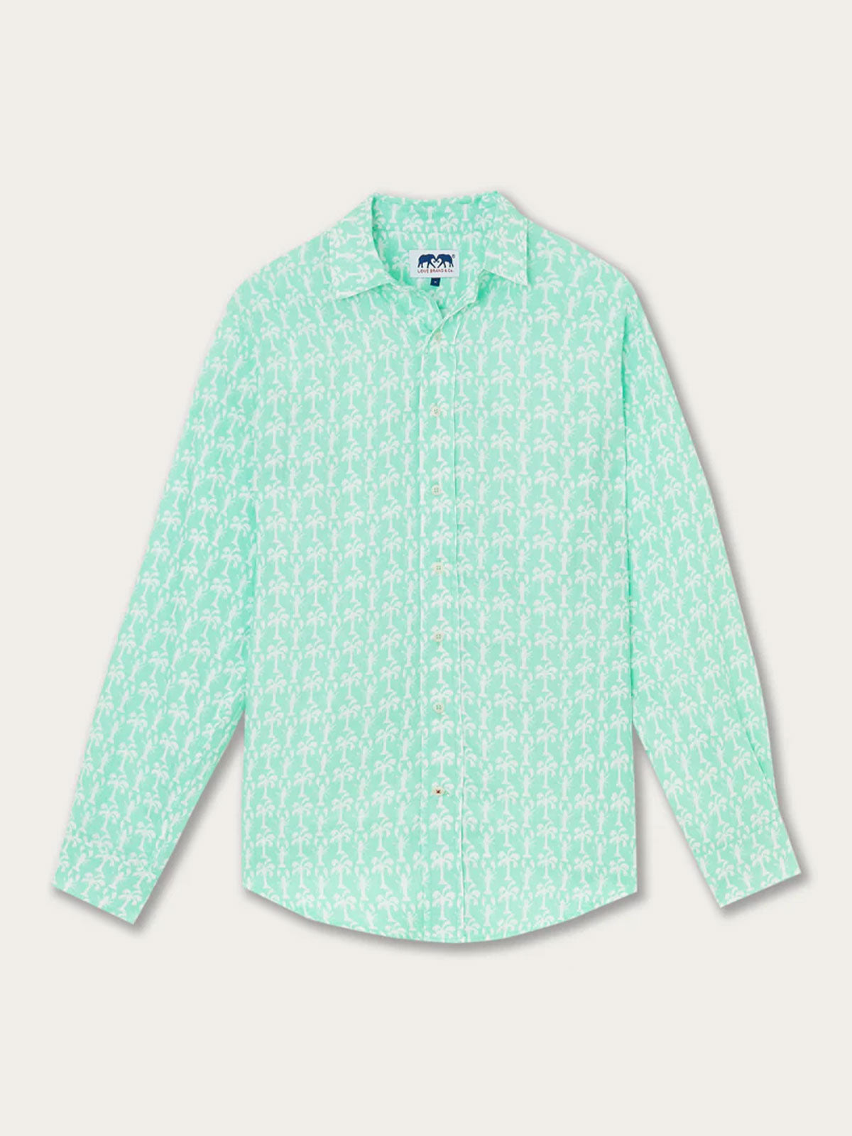 A cay green colored men's long sleeve linen shirt with a printed pattern of lobsters and palm trees.