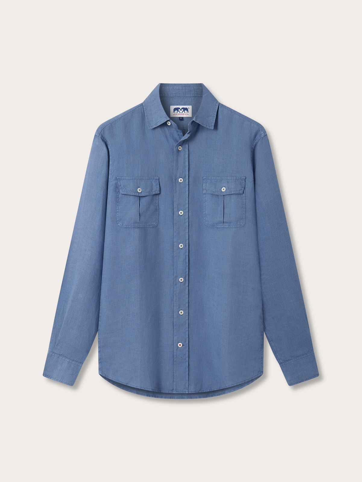 Blue button-up hemp shirt with a brand logo on a light grey background