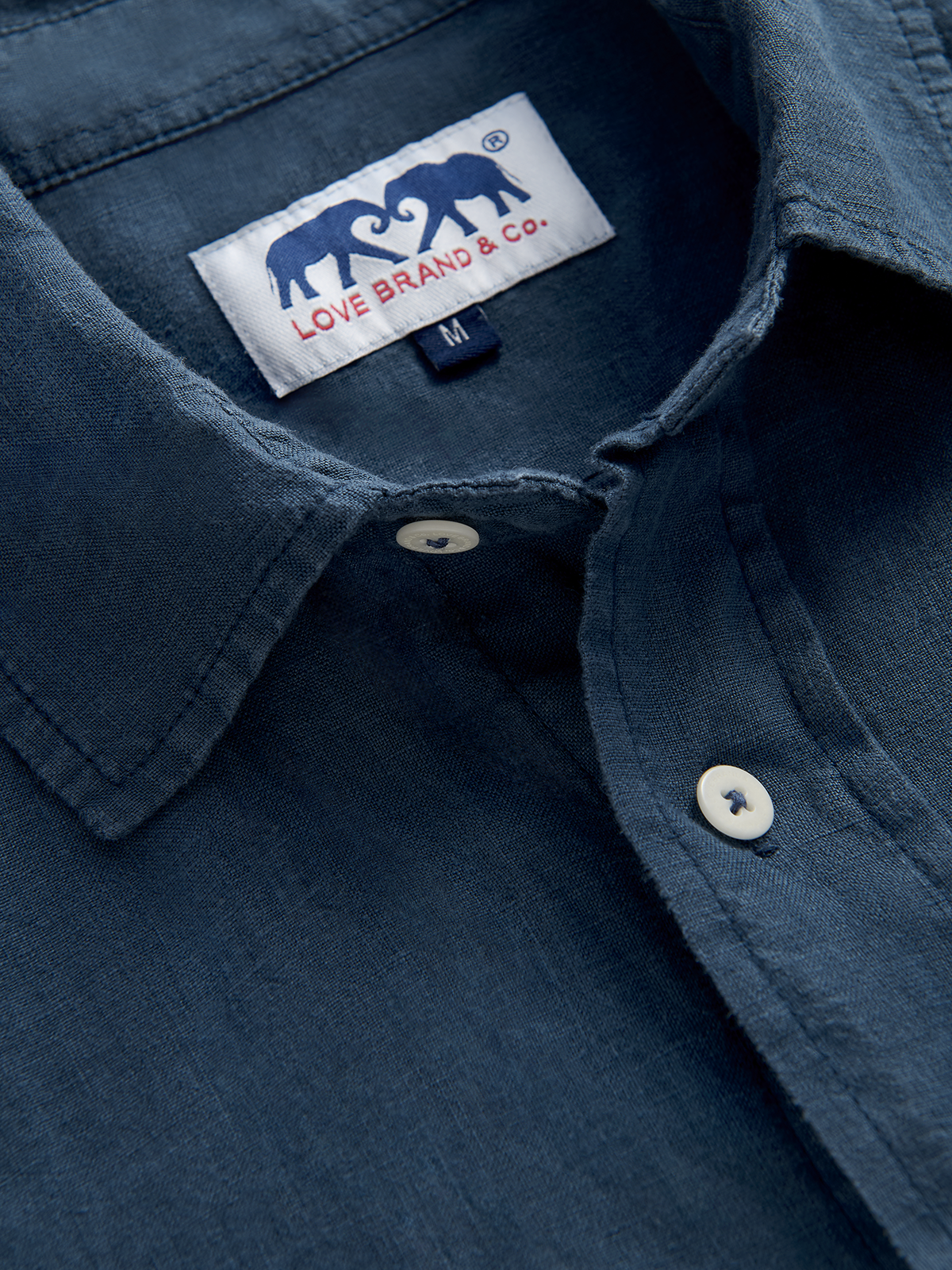 collar view of a midnight blue hemp shirt
