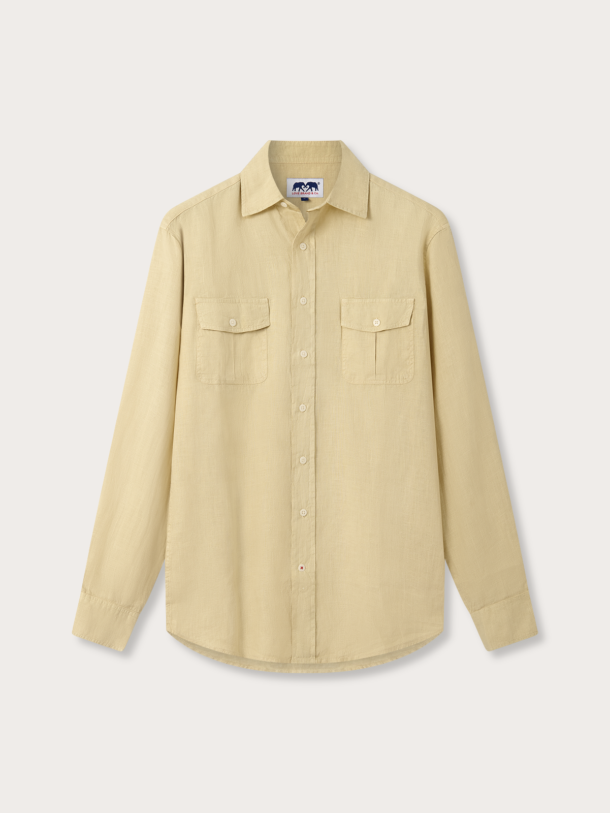 front view of a beige hemp shirt with button-up design, long sleeves and 2 breast pockets