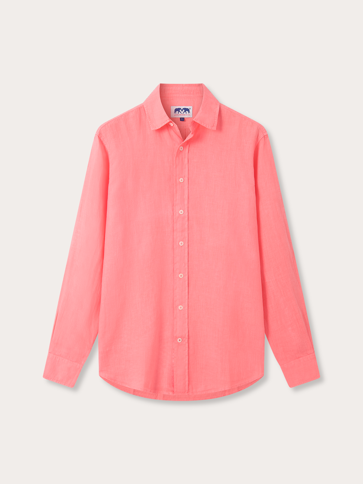 Pink linen shirt with front button-up design and long sleeves on a light grey background