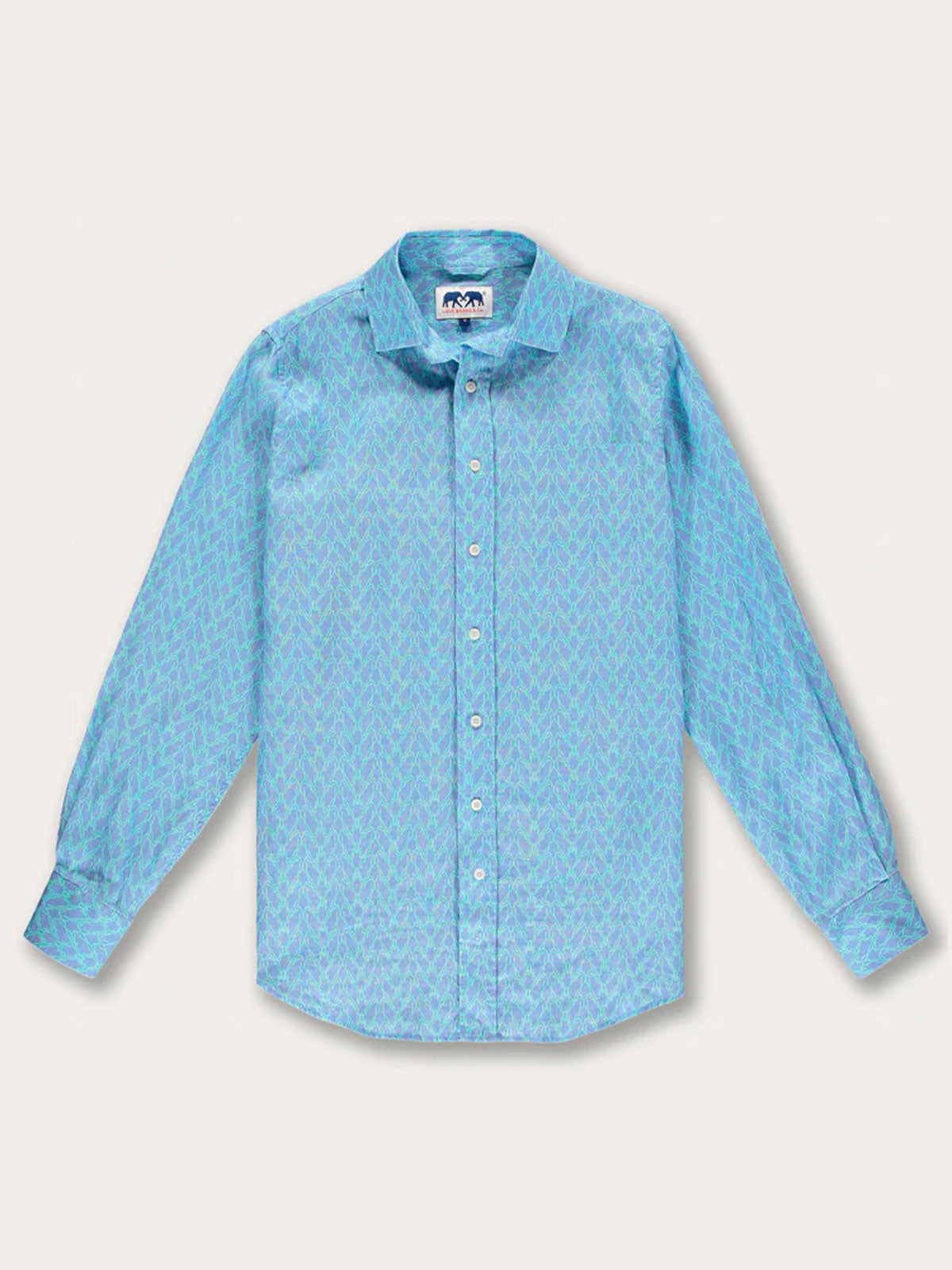 Men's Posidonia y el Mar Abaco Linen Shirt featuring a hand-sketched sea grass print in blue and aqua green.
