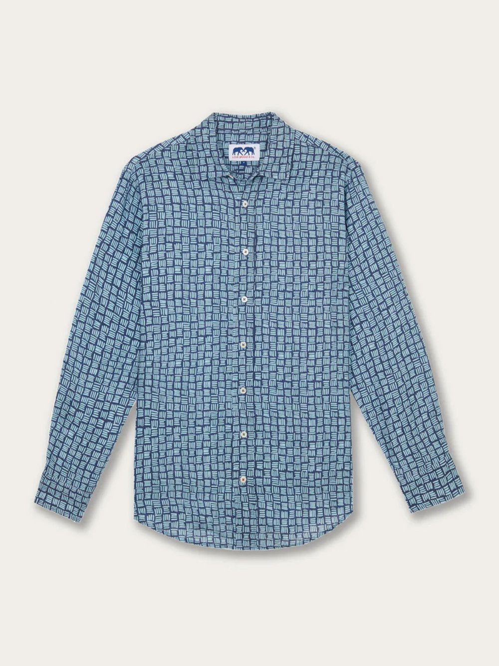 Men's Sea Weave Abaco Linen Shirt in blue with a square checkered pattern laid flat.