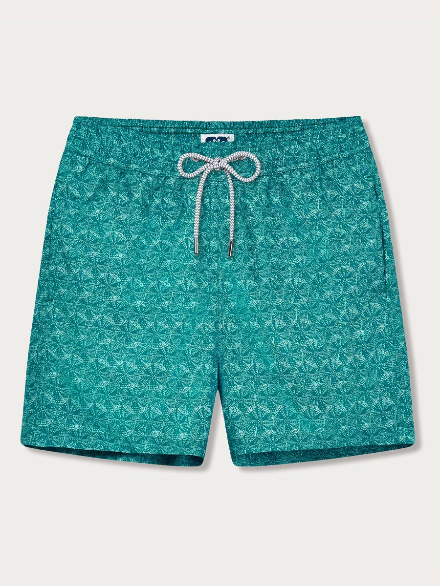 Men's sea urchin patterned turquoise swim shorts with a drawstring elastic waistband.