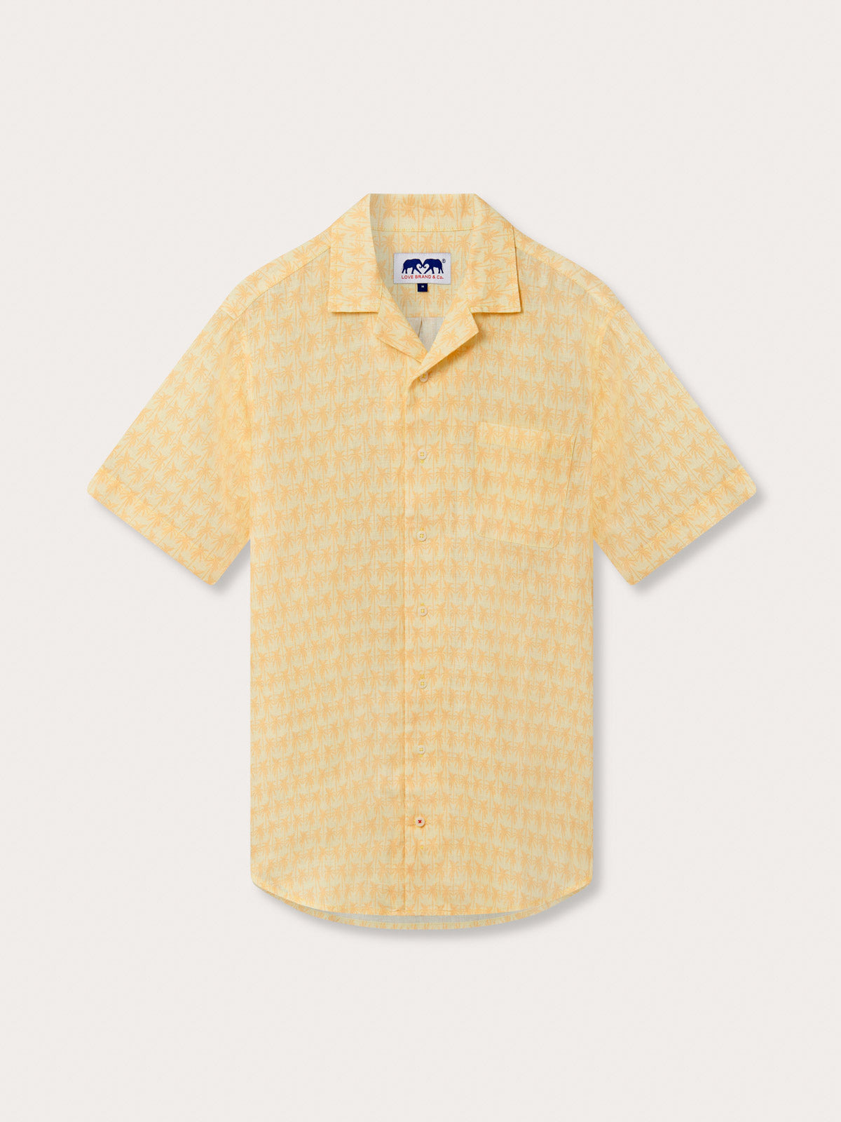 Men's Palm Sundowner Arawak Linen Shirt. Mens yellow printed shirt with front pocket, button-up design and camp collar.