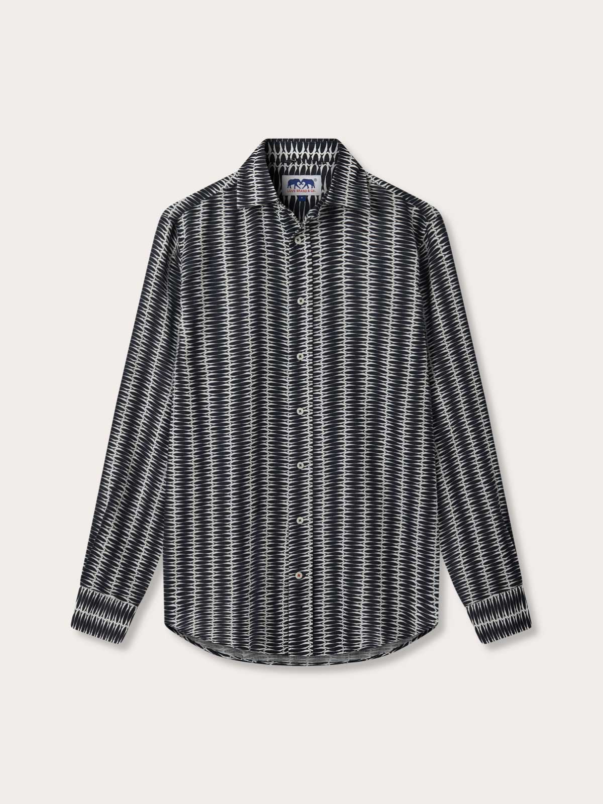 Men's Silly Sardines Abaco Linen Shirt in navy and white with fish print design.