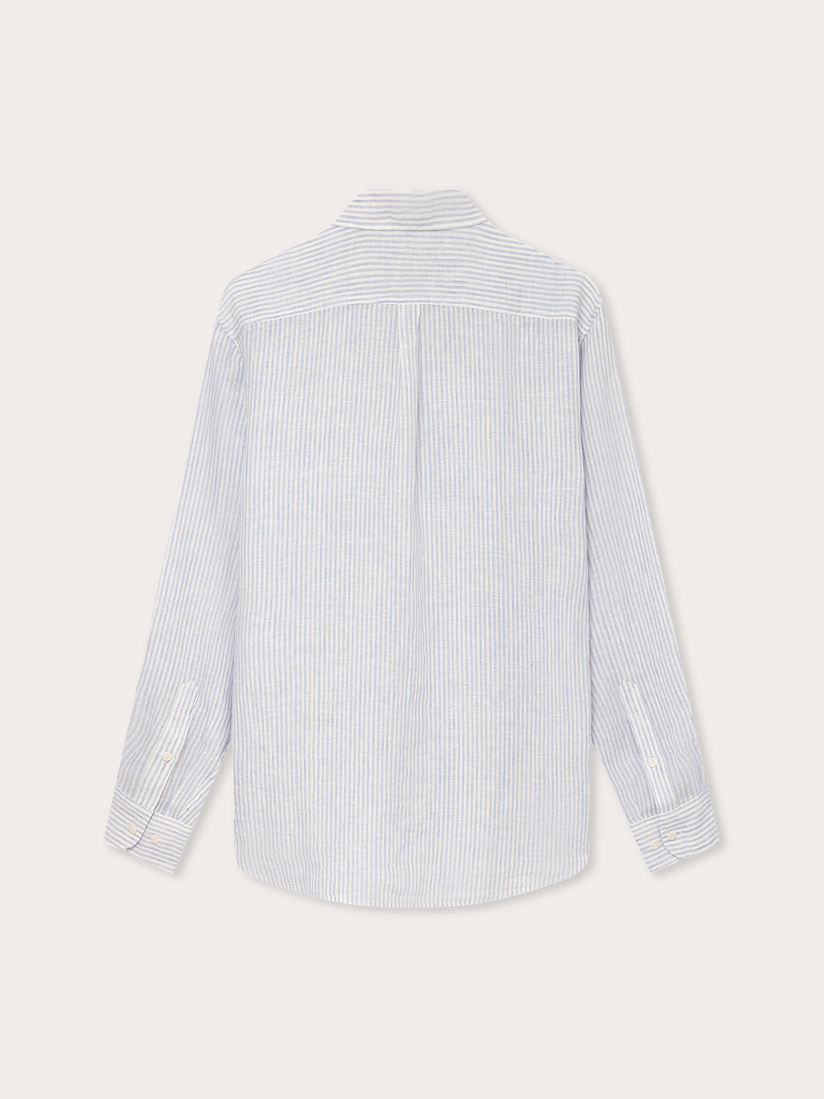 Sky Lines Abaco mens Linen Shirt back view. Linen shirt for men with blue and white stripes.