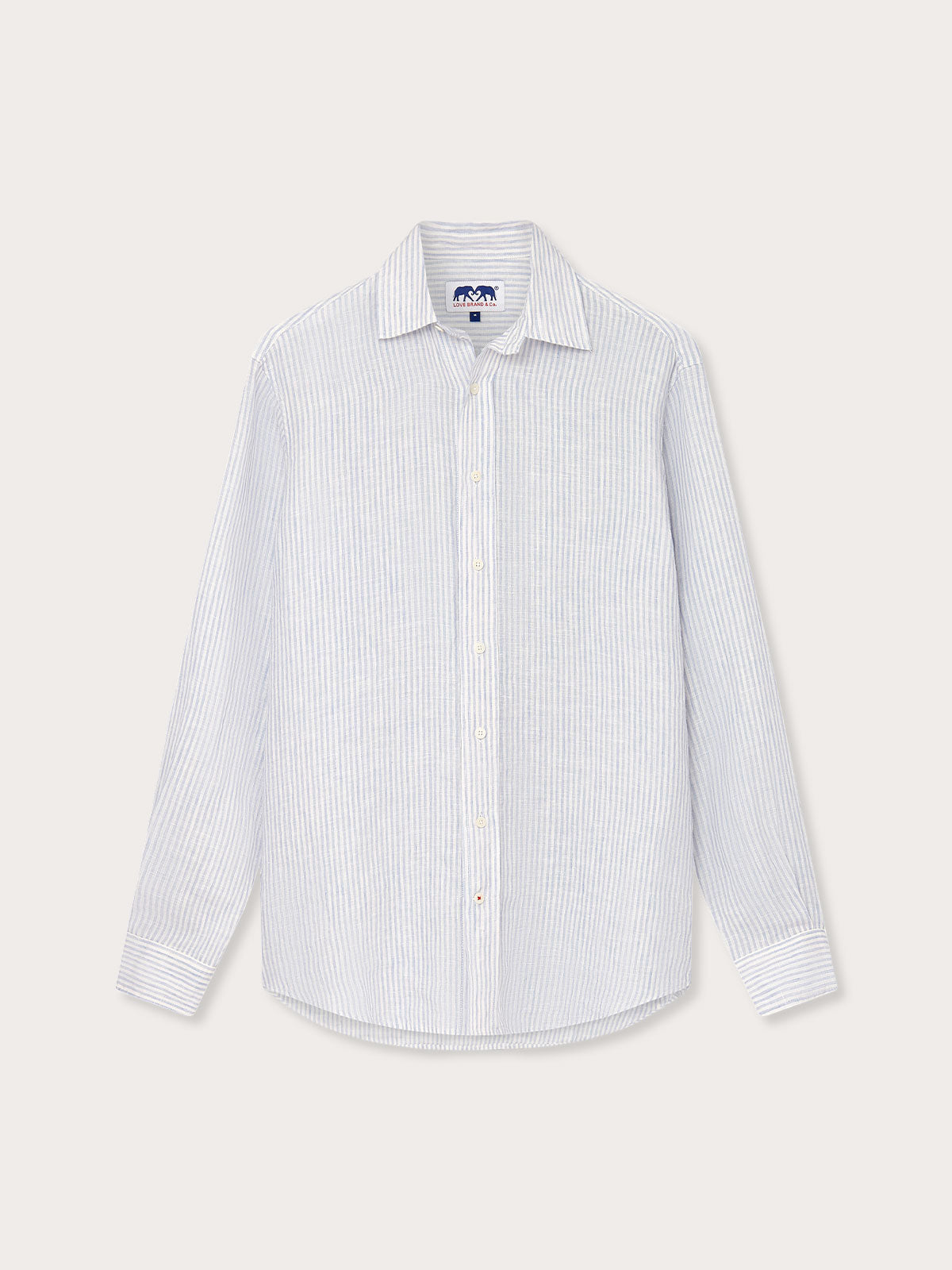 Men's Sky Lines Abaco Linen Shirt front view. Patterned mens linen shirt in blue and white.