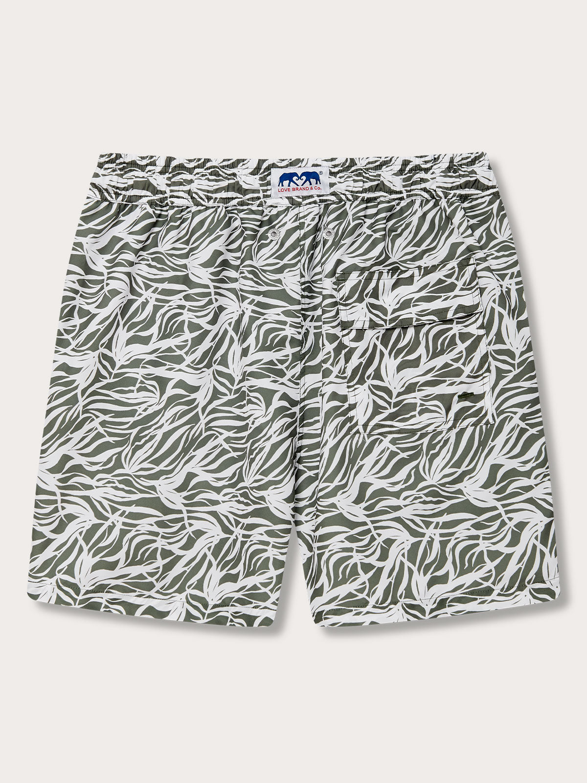 Men's Talamanca Bay Staniel Swim Shorts in olive green with white sea grass pattern.