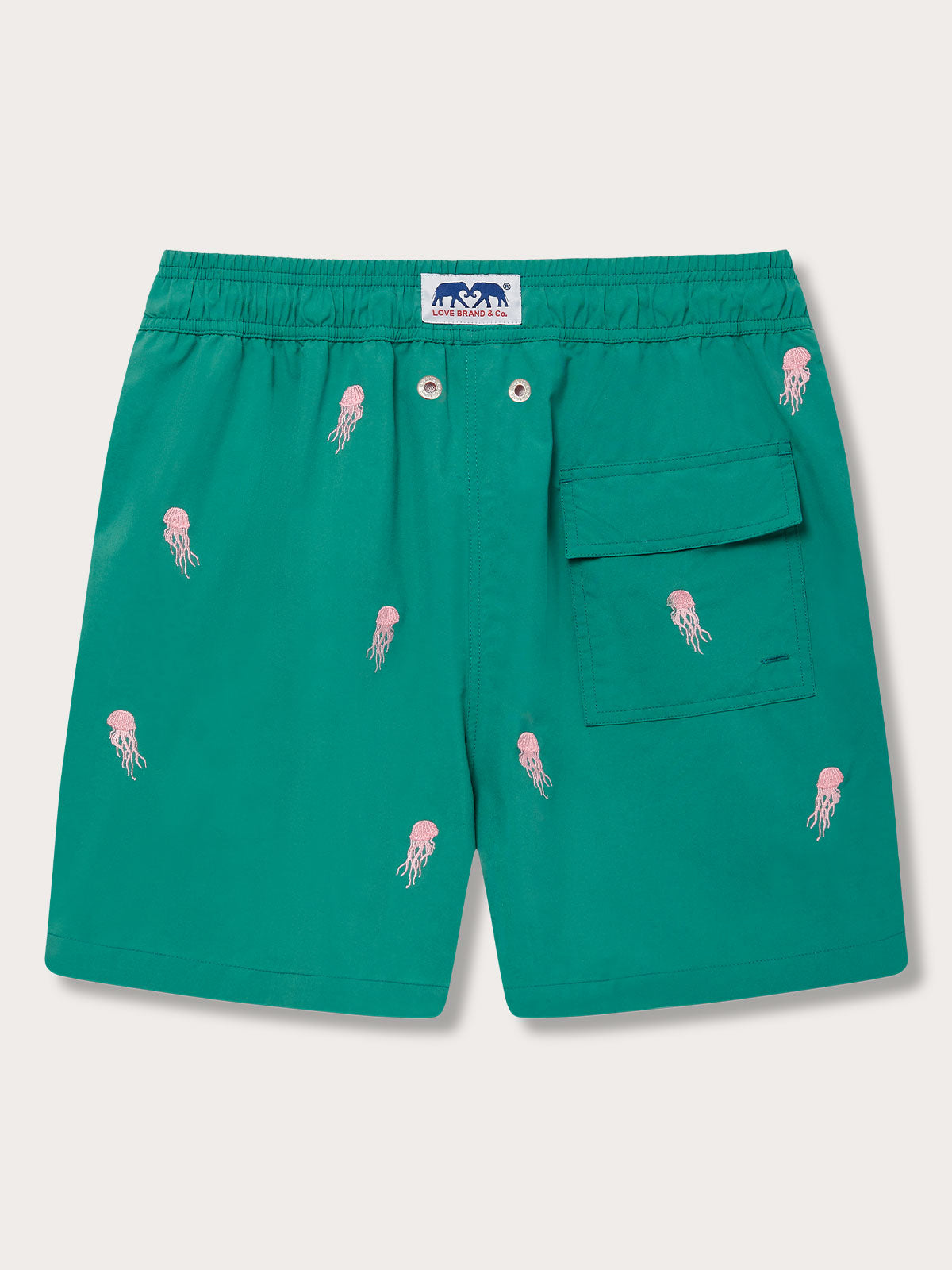 Men's Smack Attack Embroidered Staniel Swim Shorts in Palm Green with pink embroidered jellyfish motif, made from 100% recycled polyester.