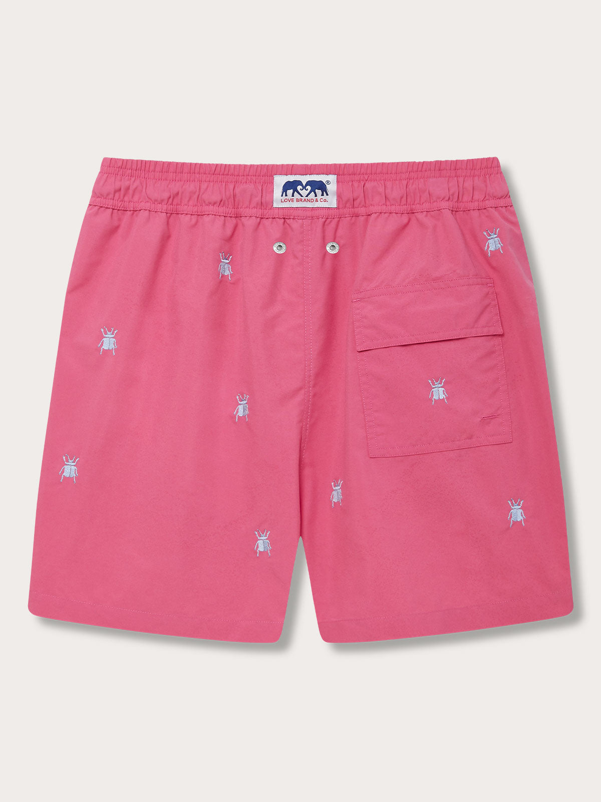 Men's Beetle Bum Embroidered Staniel Swim Shorts in Ruby Red with embroidered tansy beetles pattern, made from 100% recycled polyester, featuring a back pocket and an elastic waistband.