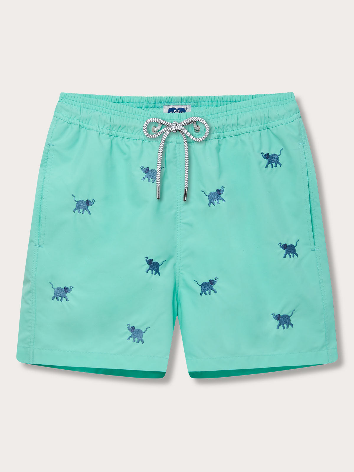 Men's Elephants Galore Embroidered Staniel Swim Shorts in Cay Green with Deep Blue embroidered elephants, featuring a drawstring waistband.