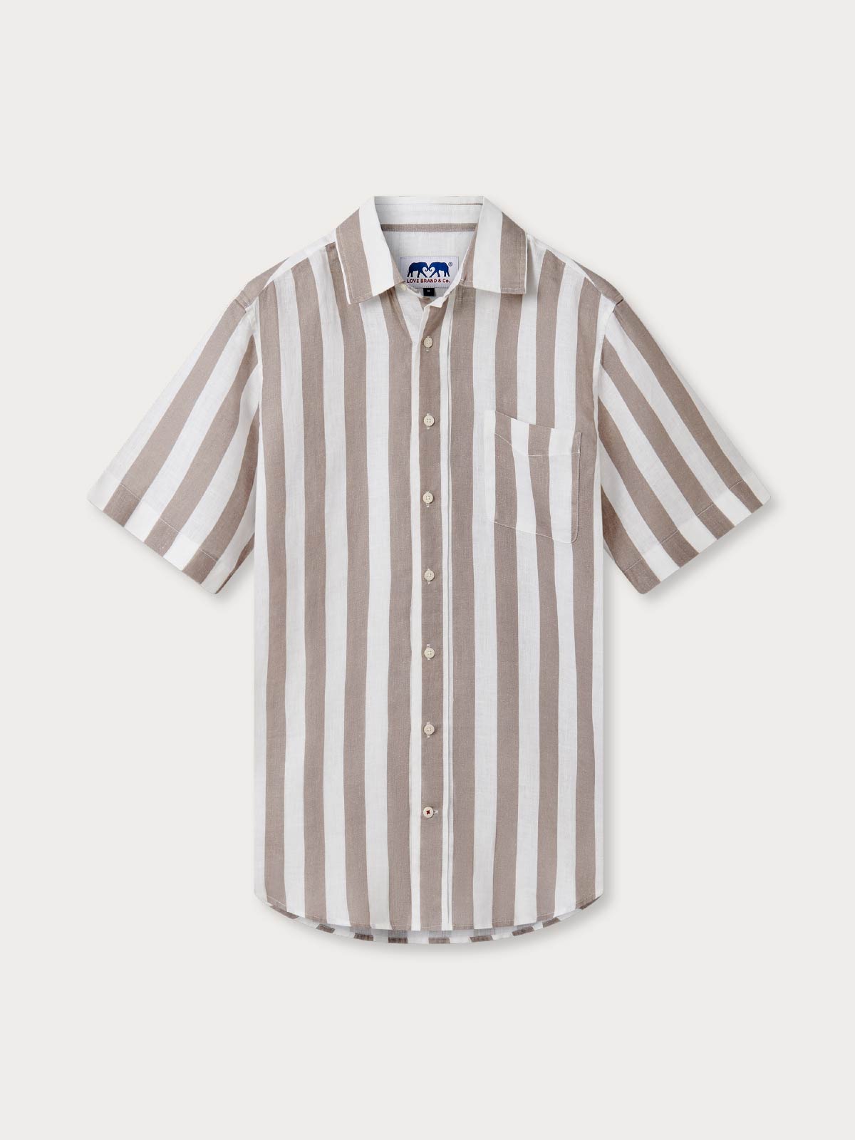 Front view of Men's Tan Candy Stripe Manjack Linen Shirt. Striped shirt with short sleeves.