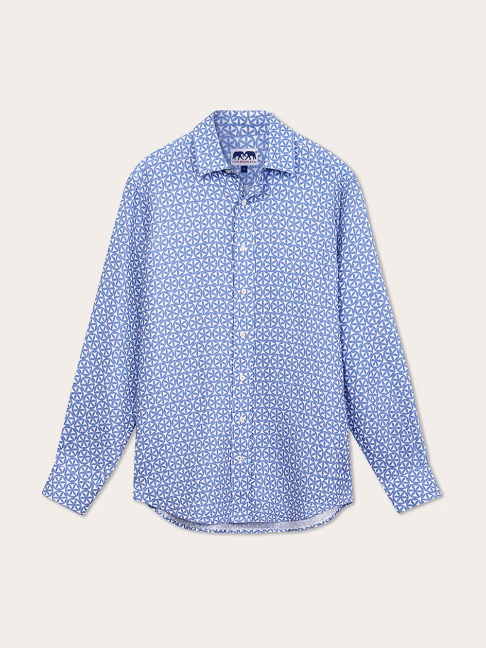 Men's The Best of the Best Abaco Linen Shirt in ocean blue with six-leaf flower rosette print.