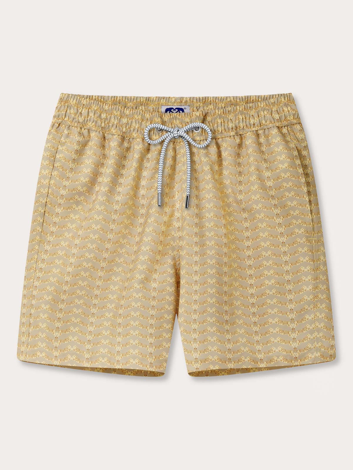 Our Men's Tiger Land Staniel Swim Shorts inspired by SUJAN Camps. They feature a tiger print and drawstring waist.