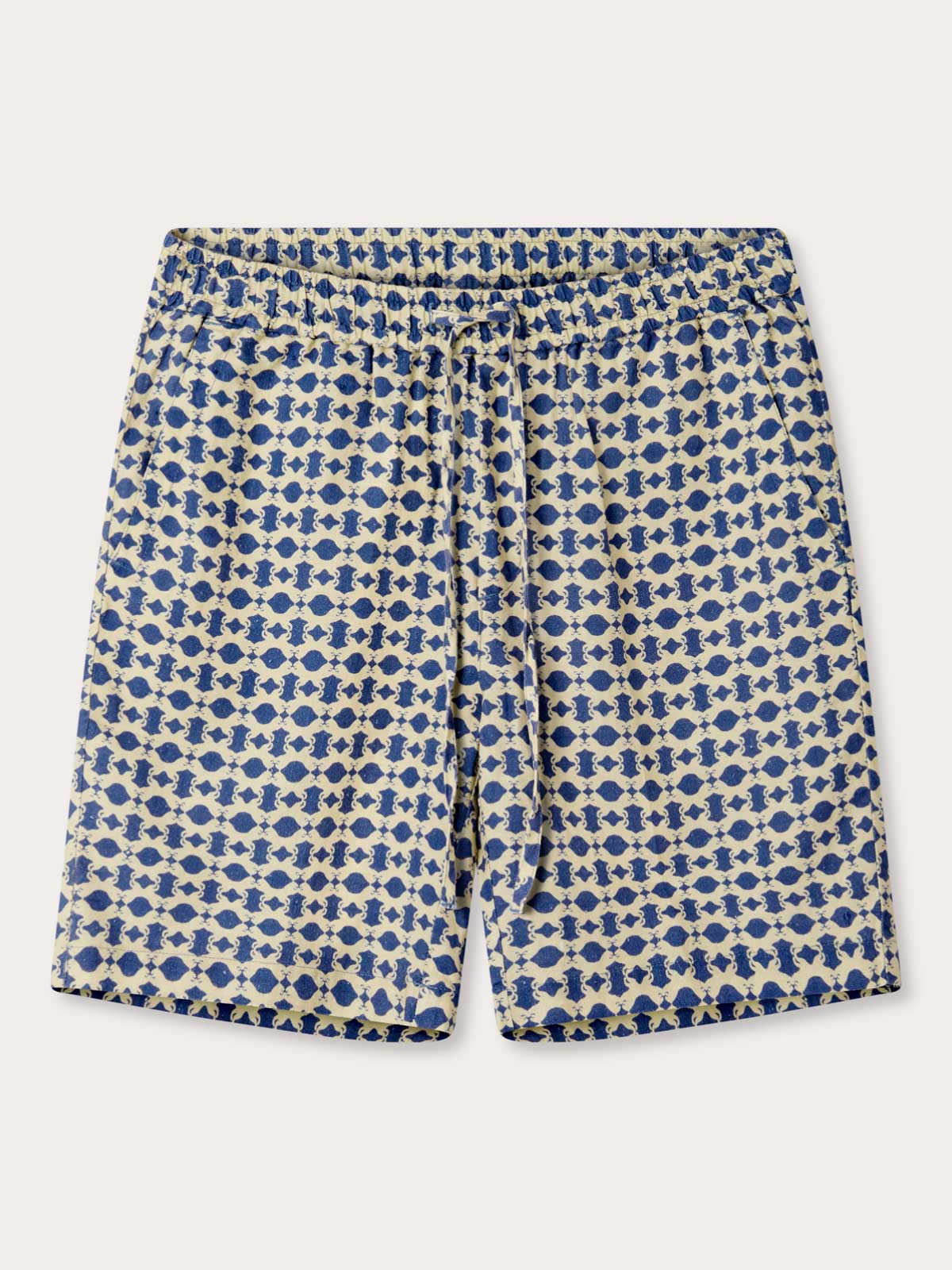 Front view of Men's Eye of The Tiger Joulter Linen Shorts with Sumatran Tiger geometric print design.