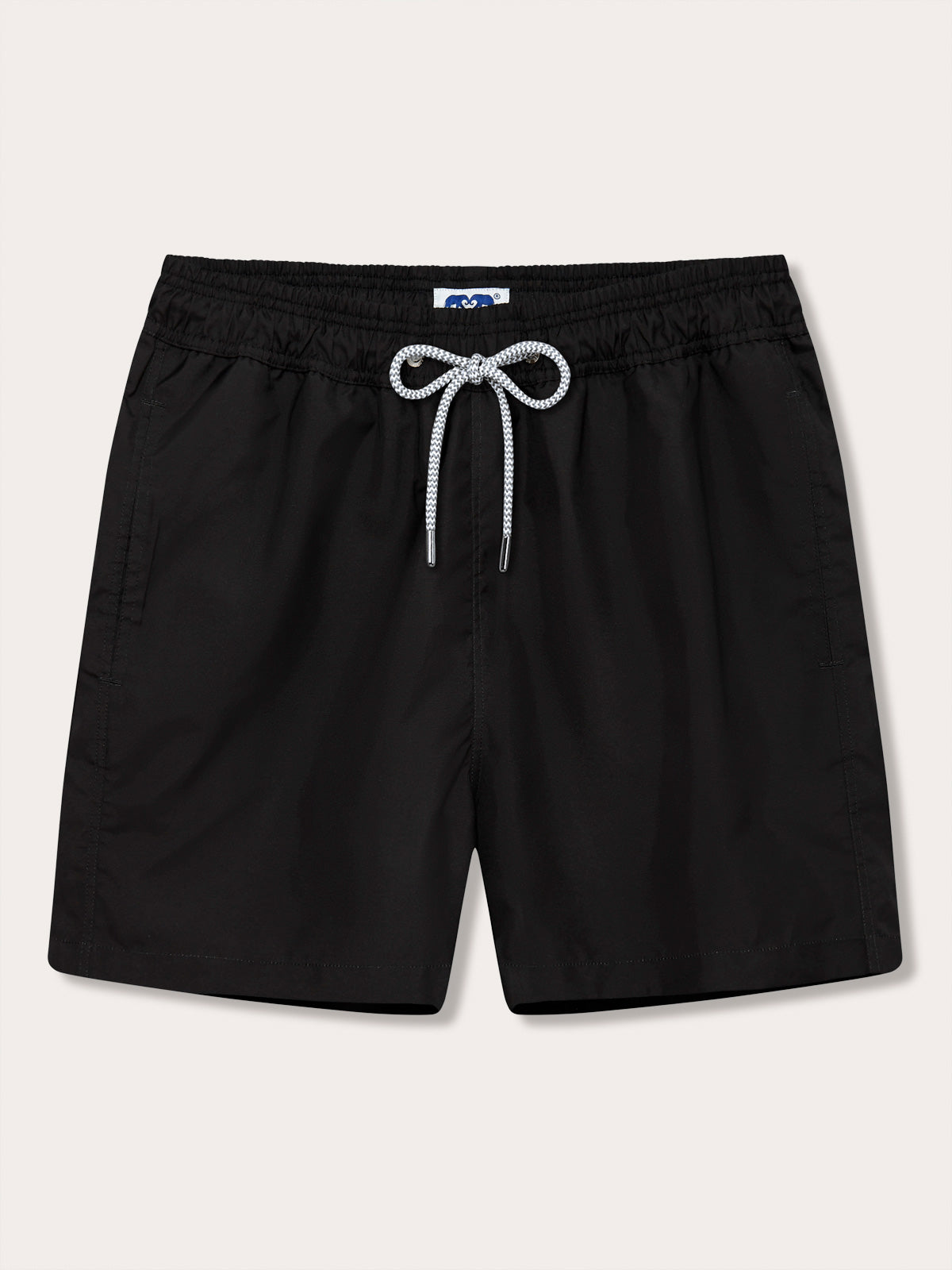 Black swimming shorts mens made from 100% recycled, quick-drying fabric, featuring an elastic waistband with a drawstring.
