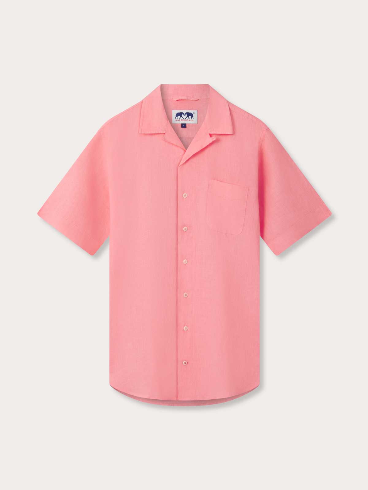 Front view of Men's Watermelon Arawak Linen Shirt. From the mens linen shirts short sleeve collection, this linen shirt comes in a pink colour with a camp collar.