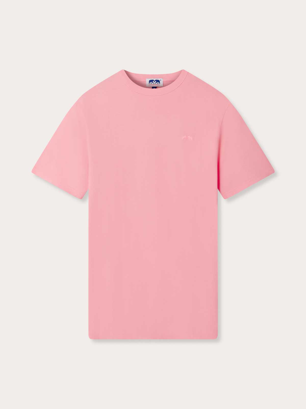 Front view of Men's Watermelon Lockhart T-Shirt. Pink crewneck t-shirt for men from love brand's mens resort wear range.
