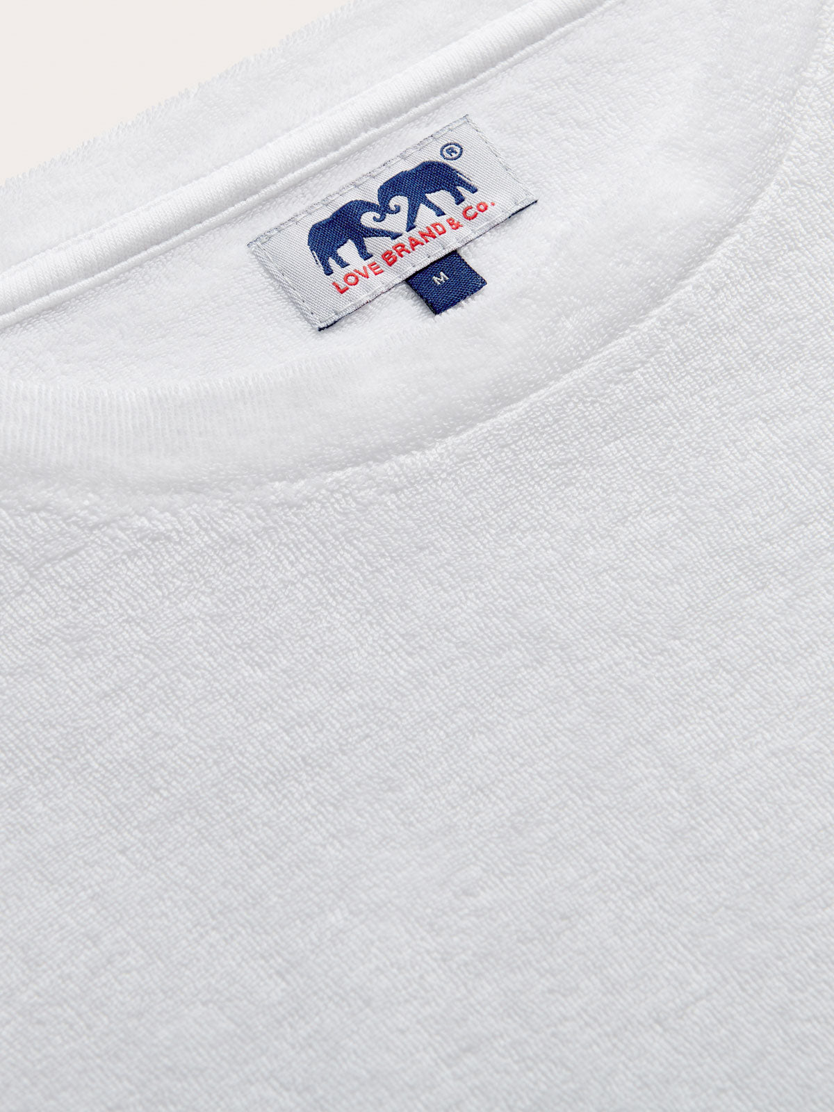 Front view of Men's White Russell Terry T-Shirt. Plain white t-shirt crafted from terry towelling material by LOVE BRAND & Co.