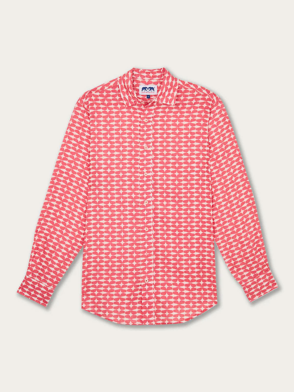 A men's pink and white checkered linen shirt with short sleeves and a button-up front.