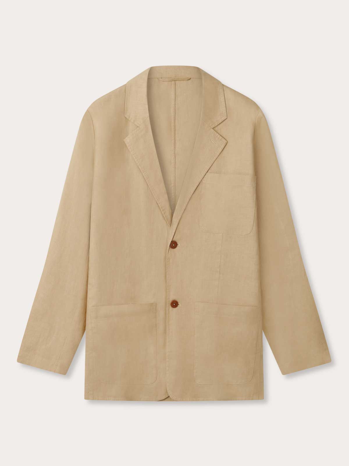 Front view of Men's Coconut Nassau Linen Jacket. Brown linen jacket with pockets by love brand.