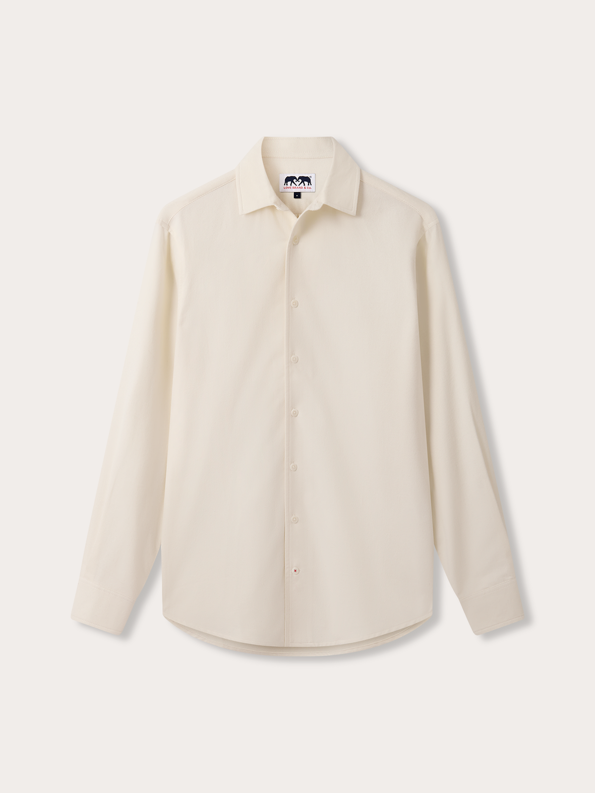 An off-white long-sleeve button-down shirt with a classic collar, displayed flat against a light beige background.