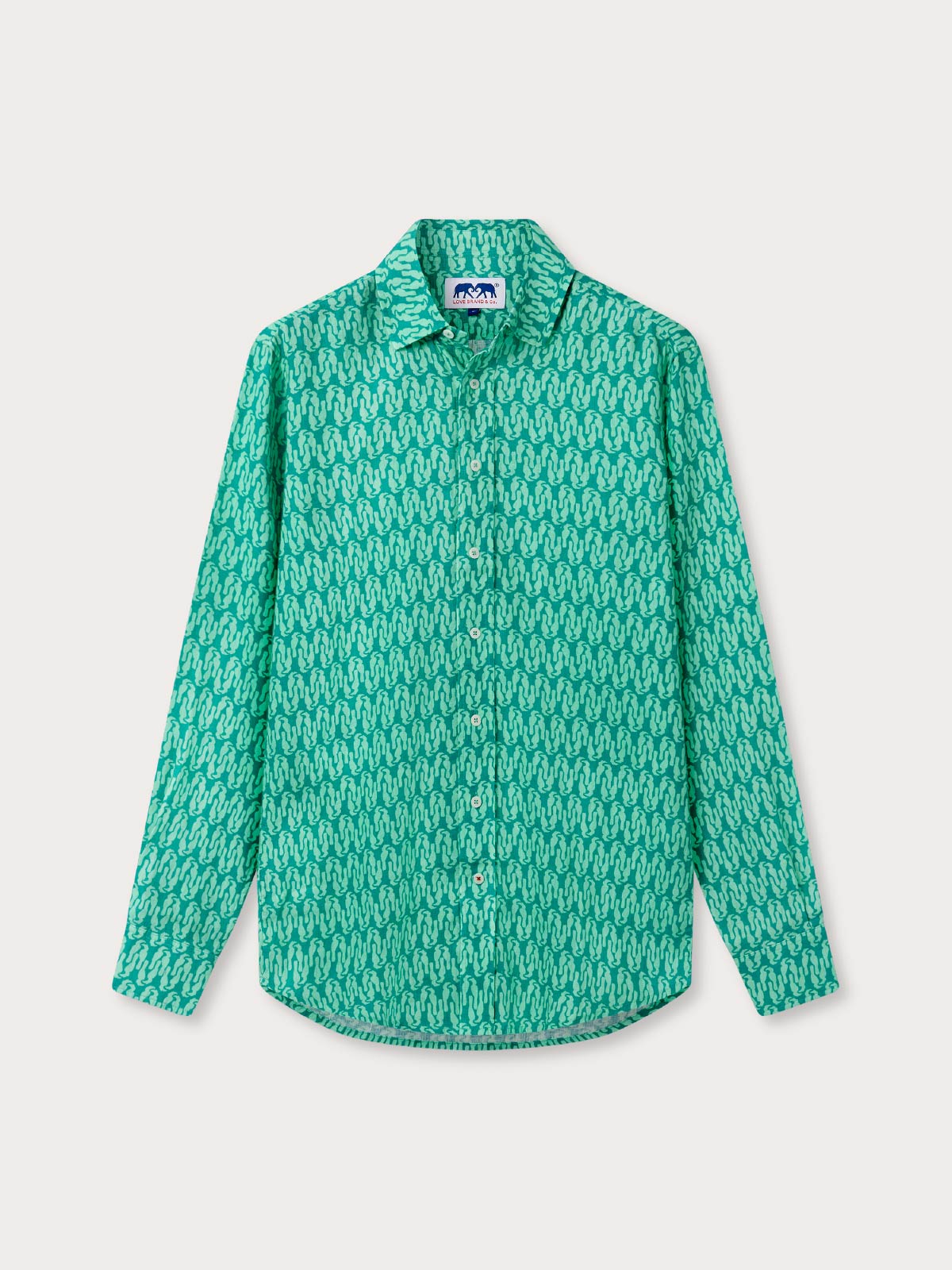 Front view of Men's King of the Jungle Abaco Linen Shirt. Long-sleeved green patterned shirt.