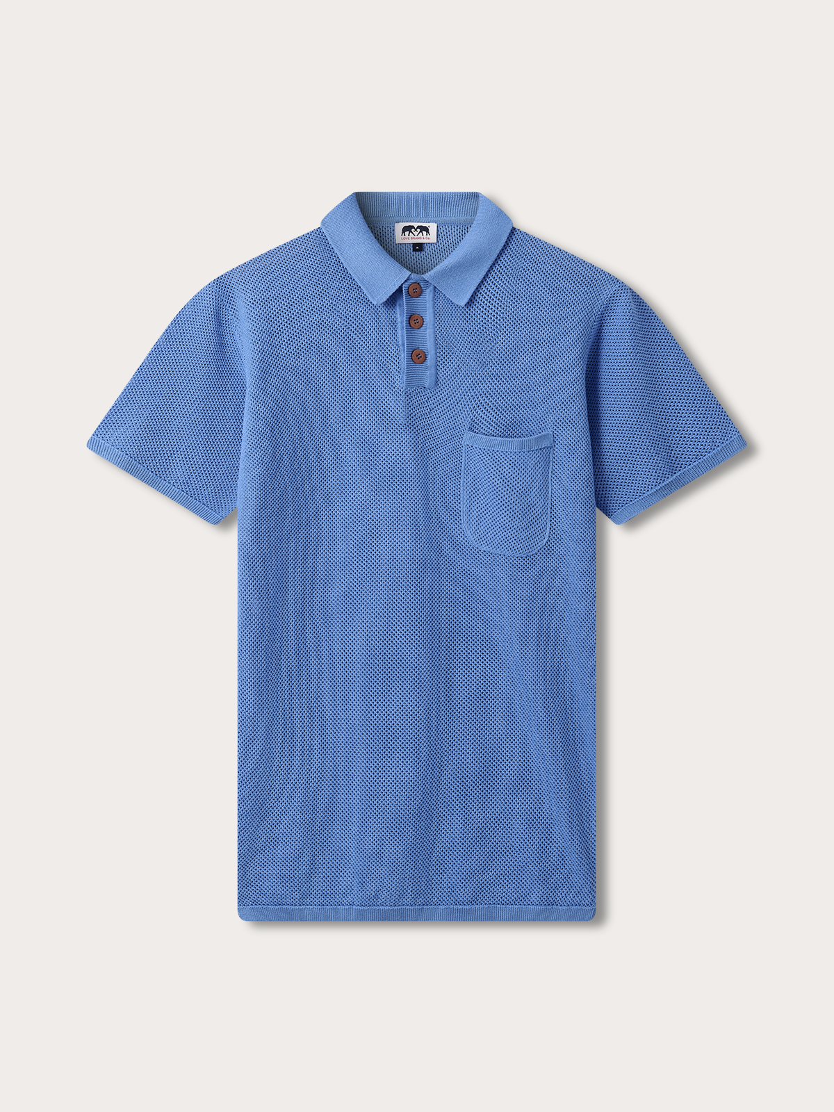 Front view of mens knitted polo shirt in ocean blue.