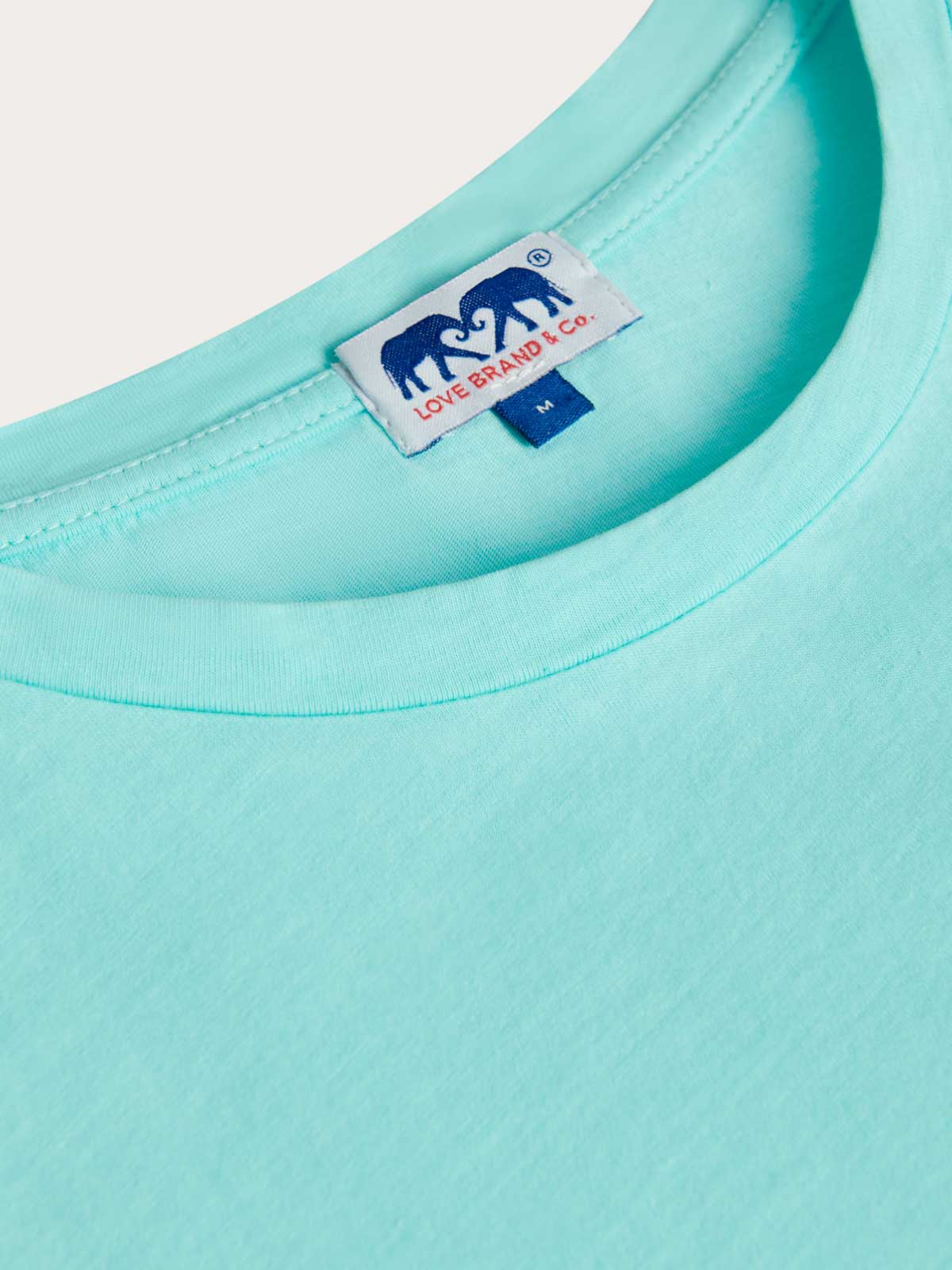 Close-up collar view of men's cay green Lockhart t-shirt. Green crew neck t-shirt with love brand label.