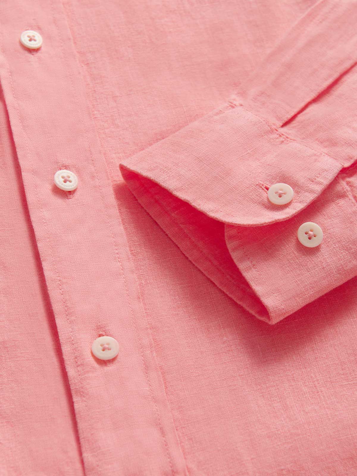 View of the cuff on Men's Watermelon Abaco Linen Shirt by Love Brand.