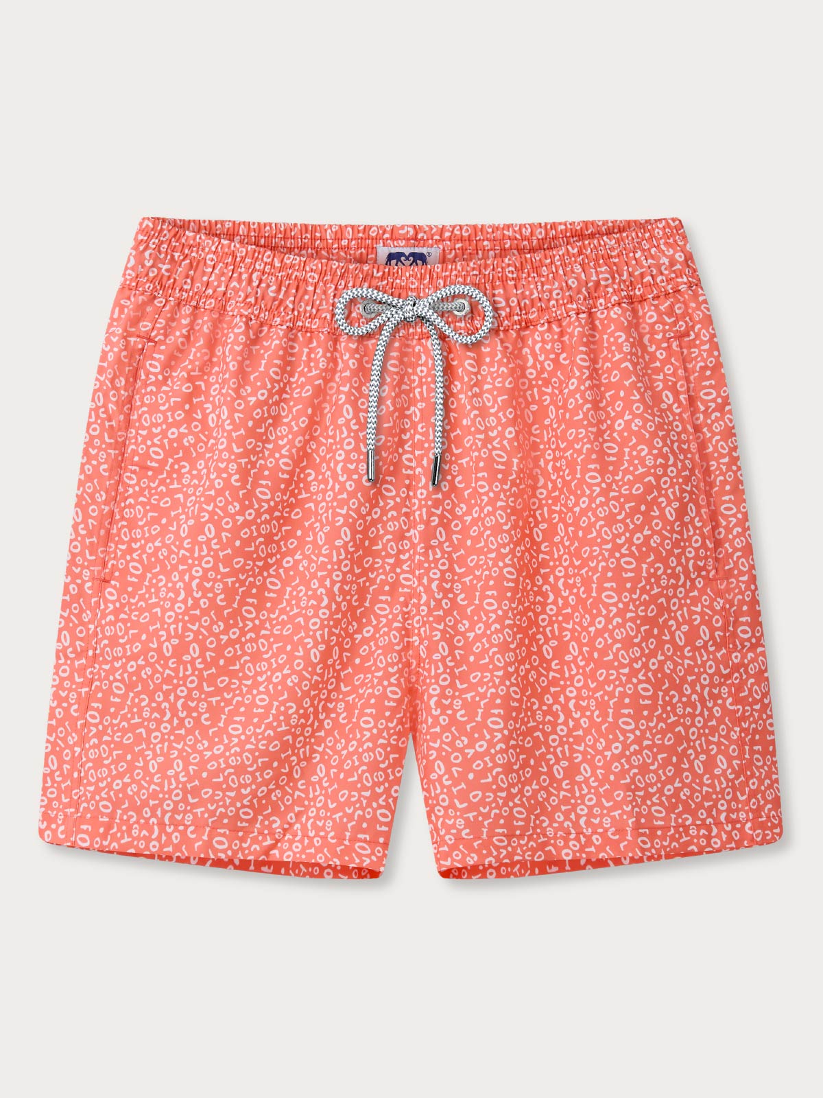 Red patterned swim shorts with a drawstring on a light gray background
