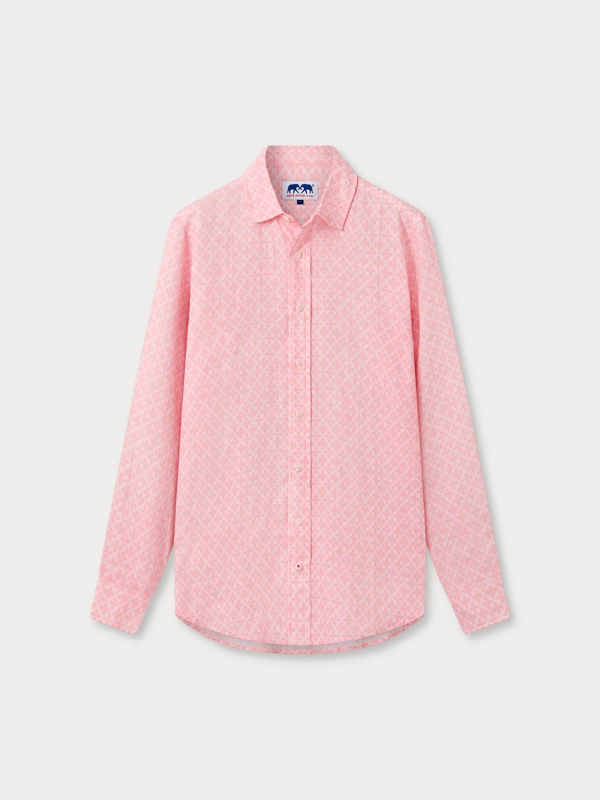 front view of Men's Sharks Tile Abaco Linen Shirt. Patterned pink shirt with long sleeves.