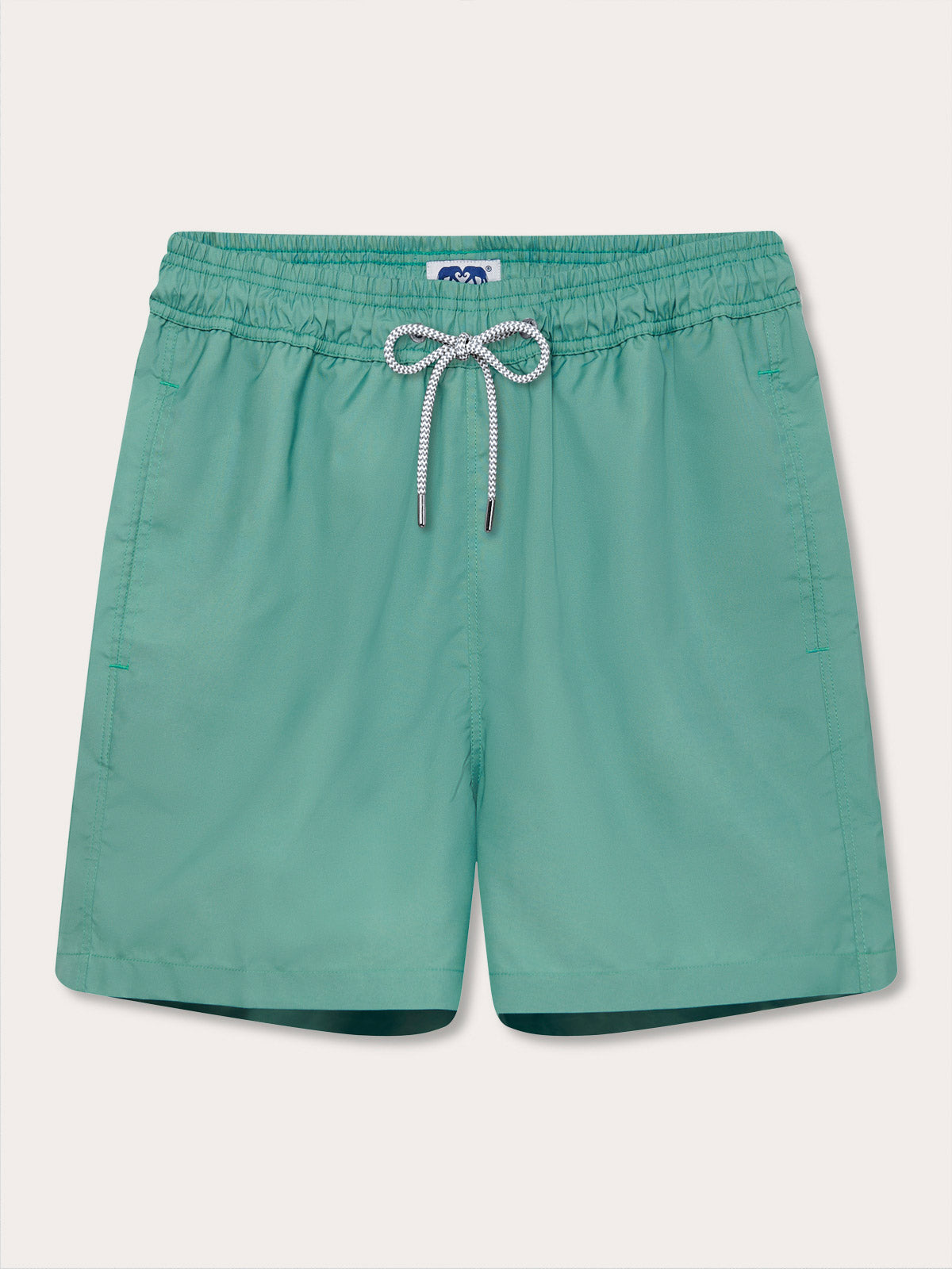 Men's Riviera Green Staniel Swim Shorts made from quick-dry, 100% recycled fabric with an elastic waistband and drawstring.