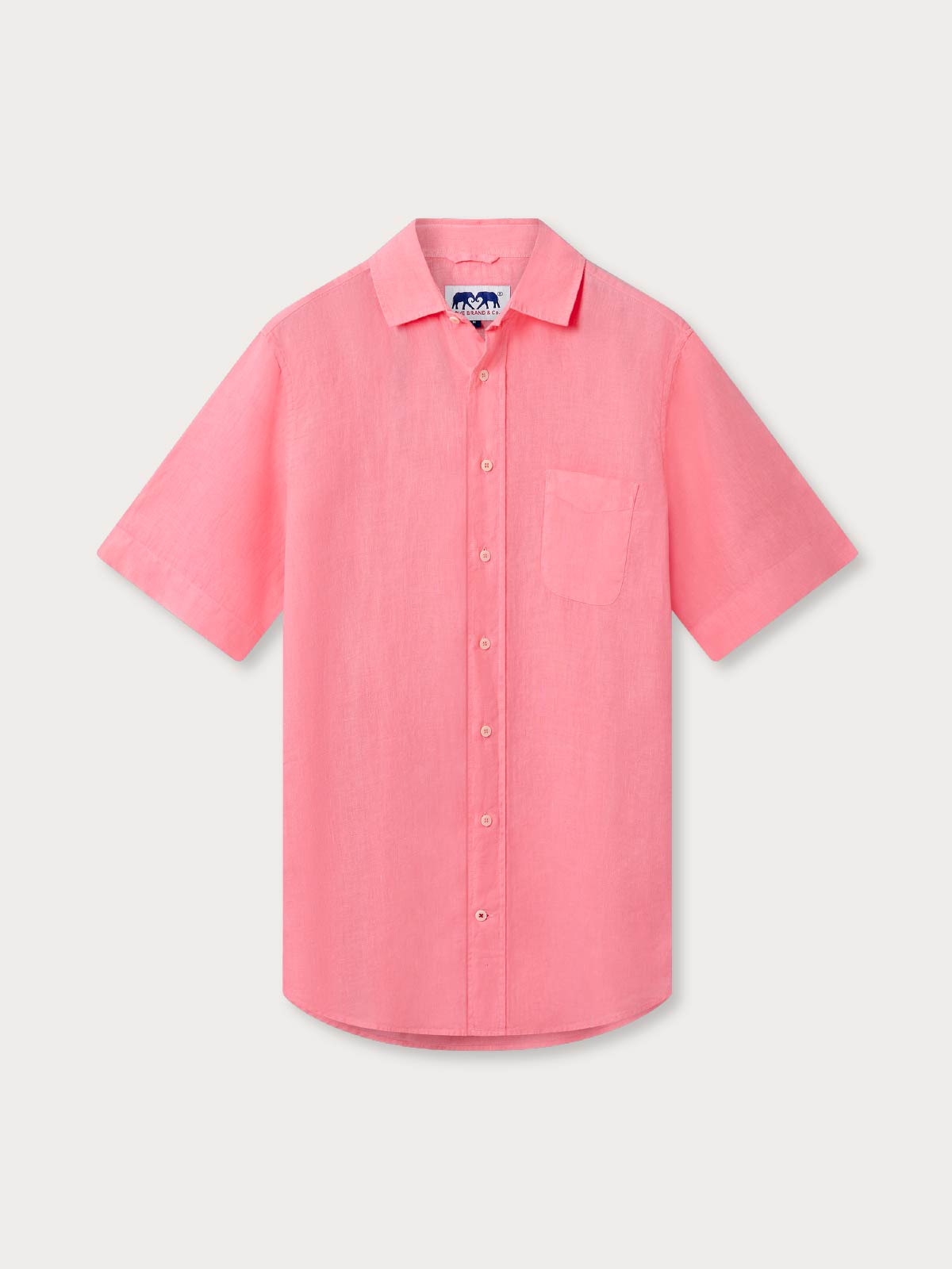 Front view of Men's Watermelon Manjack Linen Shirt. Short sleeved pink linen shirt with buttons.
